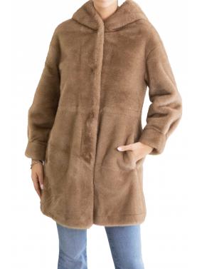 Pelliccia tinta unita con cappuccio con bottoni